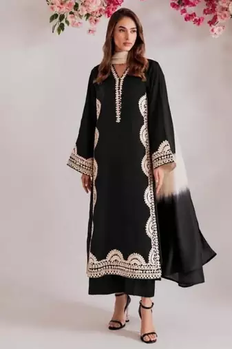 Black silk blend embroidered kurta set