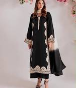 Black silk blend embroidered kurta set