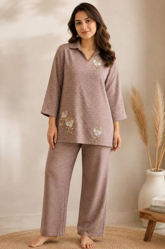 Brown silk blend beads kurta set