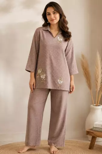 Brown silk blend beads kurta set