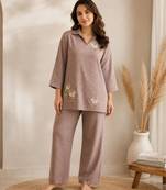 Brown silk blend beads kurta set