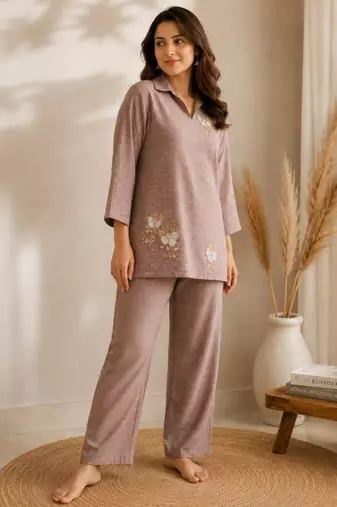 Brown silk blend beads kurta set