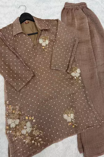 Brown silk blend beads kurta set