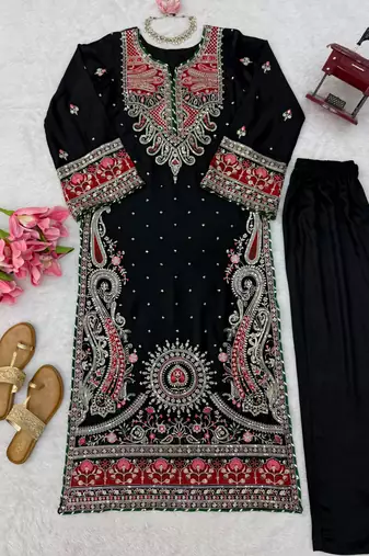 Black silk blend embroidered kurta set