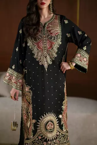 Black silk blend embroidered kurta set