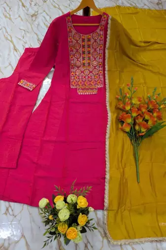 Rani-pink silk blend embroidered kurta set