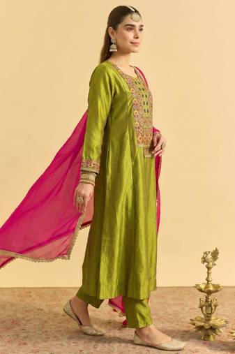 Olive silk blend embroidered kurta set