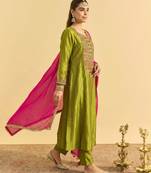Olive silk blend embroidered kurta set