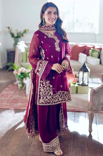 Wine crepe embroidered palazzo set