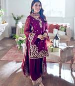 Wine crepe embroidered palazzo set