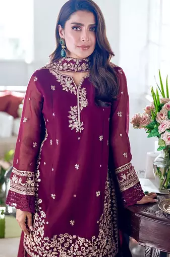 Wine crepe embroidered palazzo set