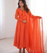 Orange faux georgette embroidered flared gown set