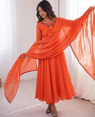 Orange faux georgette embroidered flared gown set 2