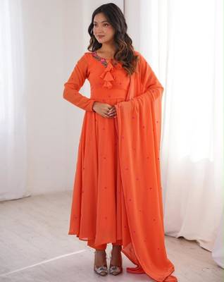 Orange faux georgette embroidered flared gown set 3