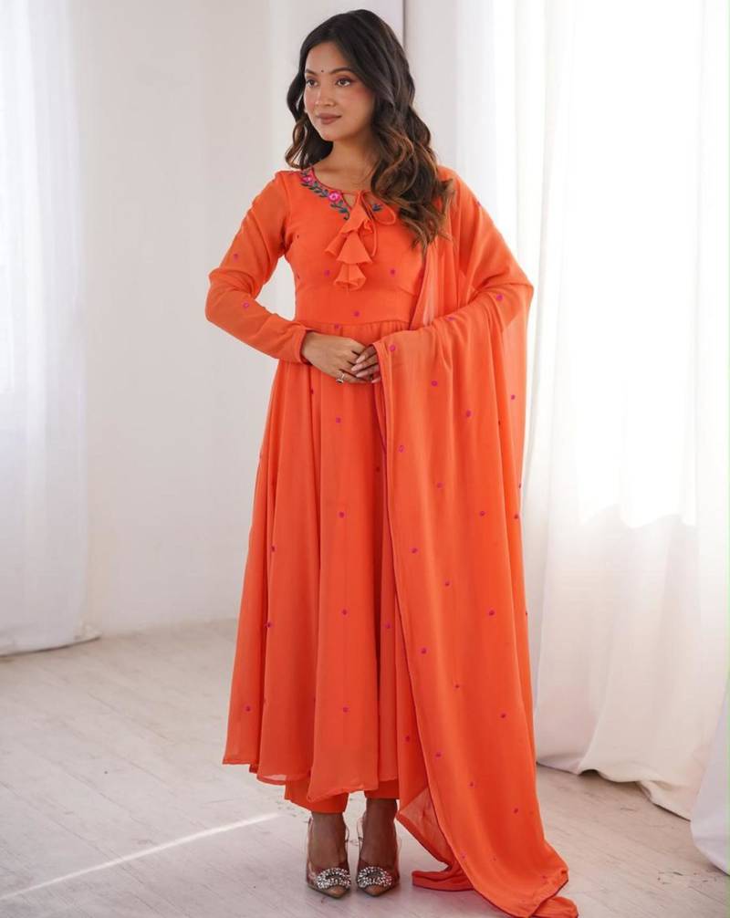 Orange faux georgette embroidered flared gown set