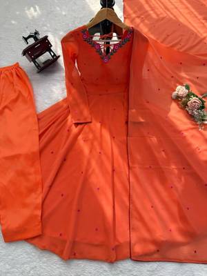 Orange faux georgette embroidered flared gown set 4