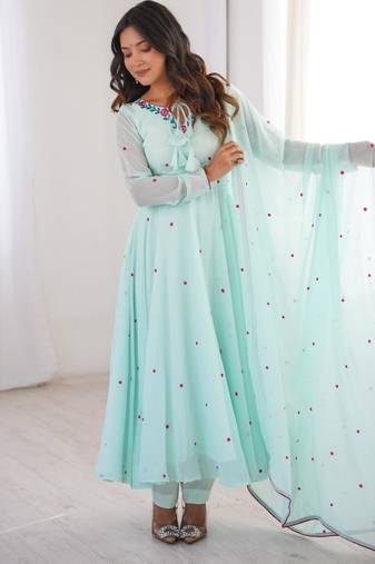 Light-blue faux georgette embroidered flared gown set