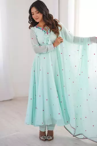 Light-blue faux georgette embroidered flared gown set