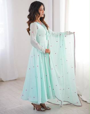 Light-blue faux georgette embroidered flared gown set 2