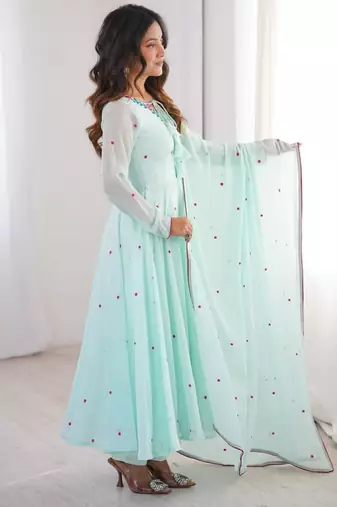 Light-blue faux georgette embroidered flared gown set