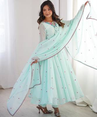 Light-blue faux georgette embroidered flared gown set 4