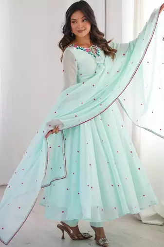 Light-blue faux georgette embroidered flared gown set