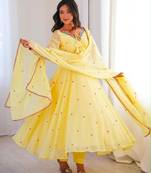 Yellow faux georgette embroidered flared gown set