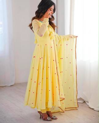 Yellow faux georgette embroidered flared gown set 2