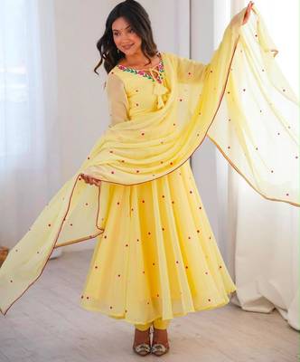 Yellow faux georgette embroidered flared gown set 3