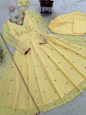 Yellow faux georgette embroidered flared gown set 4