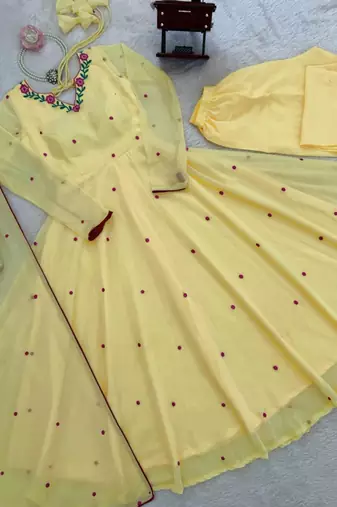 Yellow faux georgette embroidered flared gown set