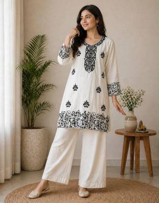 Off-white cotton poly embroidered palazzo set 1