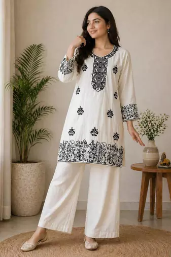 Off-white cotton poly embroidered palazzo set
