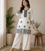 Off-white cotton poly embroidered palazzo set