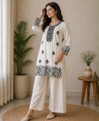 Off-white cotton poly embroidered palazzo set 2