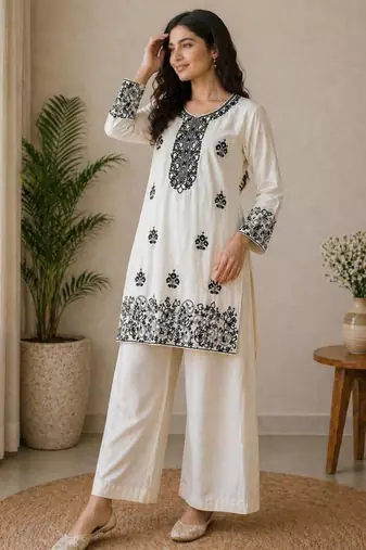 Off-white cotton poly embroidered palazzo set