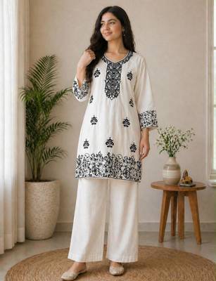 Off-white cotton poly embroidered palazzo set 3