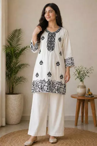 Off-white cotton poly embroidered palazzo set