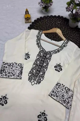 Off-white cotton poly embroidered palazzo set