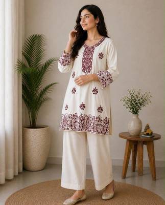 Off-white cotton poly embroidered palazzo set 1