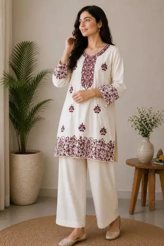 Off-white cotton poly embroidered palazzo set