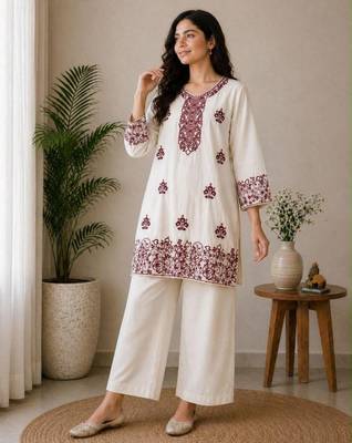 Off-white cotton poly embroidered palazzo set 2