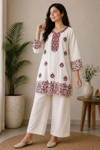 Off-white cotton poly embroidered palazzo set