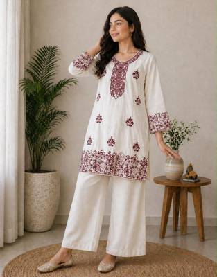 Off-white cotton poly embroidered palazzo set 3