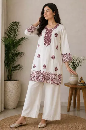Off-white cotton poly embroidered palazzo set