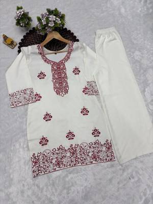 Off-white cotton poly embroidered palazzo set 4