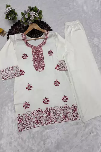 Off-white cotton poly embroidered palazzo set