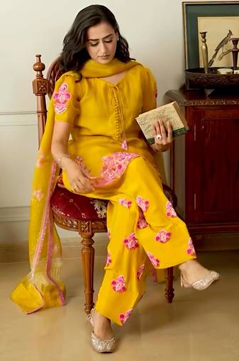 Yellow crepe embroidered farshi salwar set