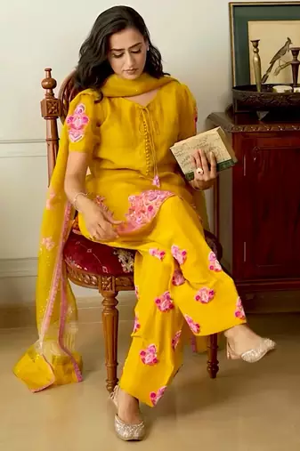 Yellow crepe embroidered farshi salwar set