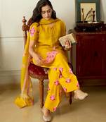Yellow crepe embroidered farshi salwar set